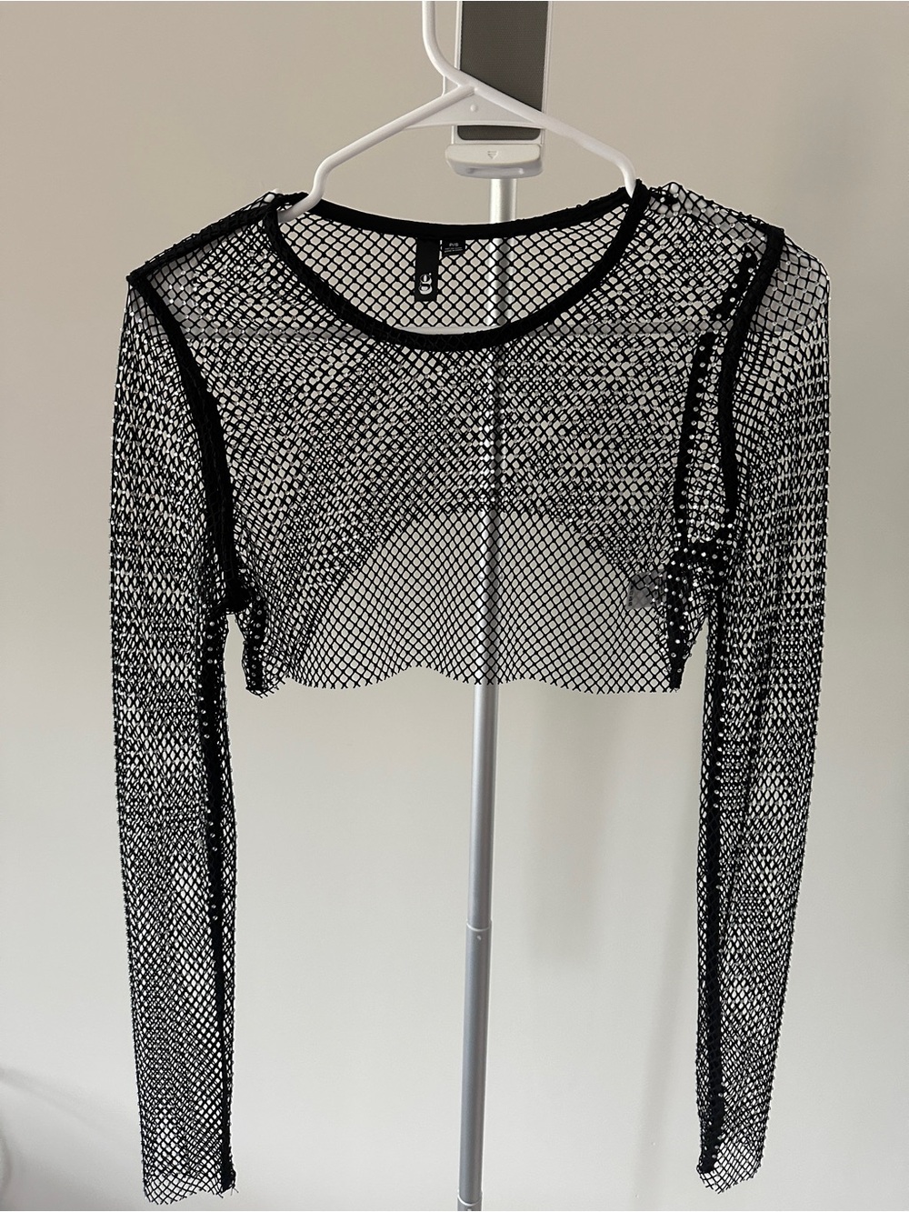 Garage Rhinestone Net Long-Sleeve Crop Top